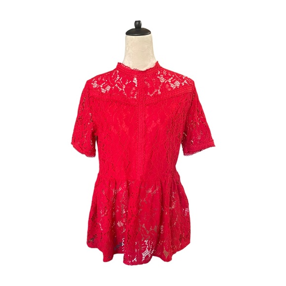 Valentines  Beautiful Red Lace Cut Out Peplum Short Sleeve Top Blouse Women Sz L - Picture 2 of 8